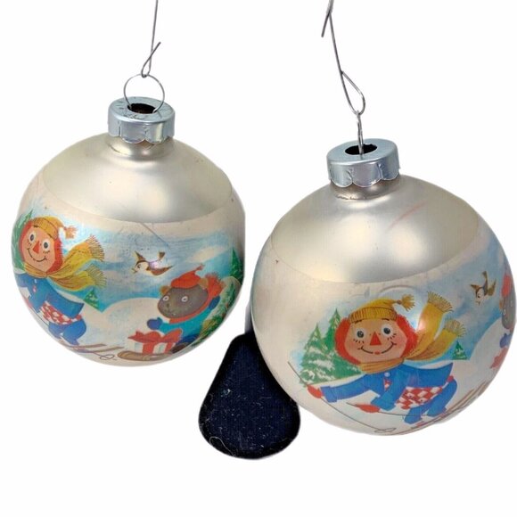 Vtg 1973 Raggedy Ann Andy Glass Christmas Ornaments Set Of 4 Ski Bobbs Merrill - Picture 5 of 11